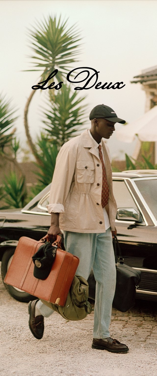 Beige Jacke, weißes Hemd, rote Krawatte; hellblaue Jeans; braune Lederschuhe. Trägt einen braunen Koffer und eine grüne Tasche neben einem schwarzen Auto.