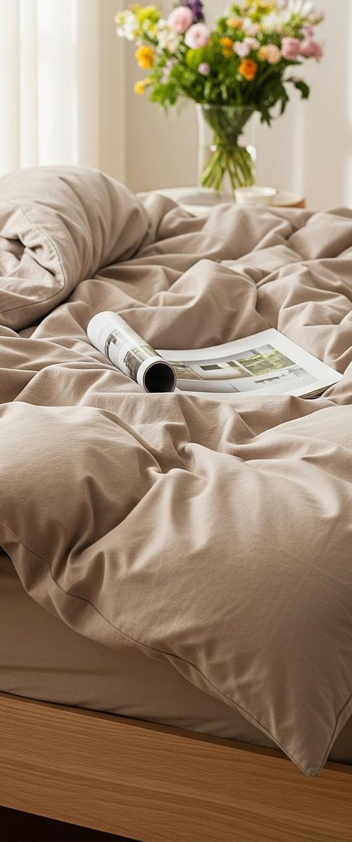 Beige gerimpeld beddengoed met een opgerold tijdschrift en open boek op een houten bedframe; wazige vaas met kleurrijke bloemen op de achtergrond.