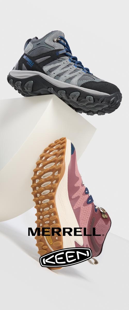 Zwei Paare Wanderschuhe: grau aus Mesh und Wildleder mit schwarzen Akzenten und rosa mit cremefarbenen Sohlen und beige Highlights, beide mit strukturierten Außensohlen.