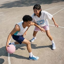 Mladý muž dribluje basketbalový míč, zatímco mladá žena v bílém dresu ho brání na venkovním hřišti za denního světla.