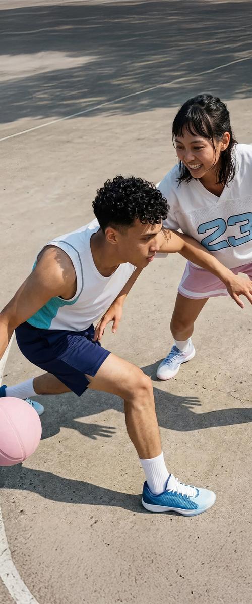 Due giovani che giocano a basket all'aperto, uno palleggia una palla rosa mentre l'altro difende da vicino sul campo in cemento.