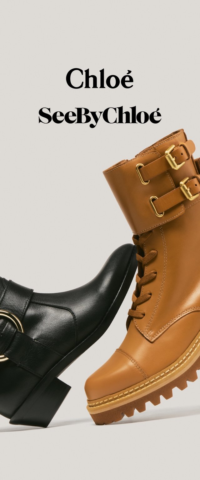 Zwarte leren enkellaars met blokhak en gouden details; bruine veterlaars met dubbele gespen en een gestructureerde zool.