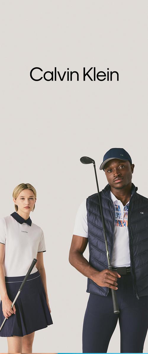 Two golfers dressed in Calvin Klein sportswear holding golf clubs, with the Calvin Klein logo above them on a plain background.
