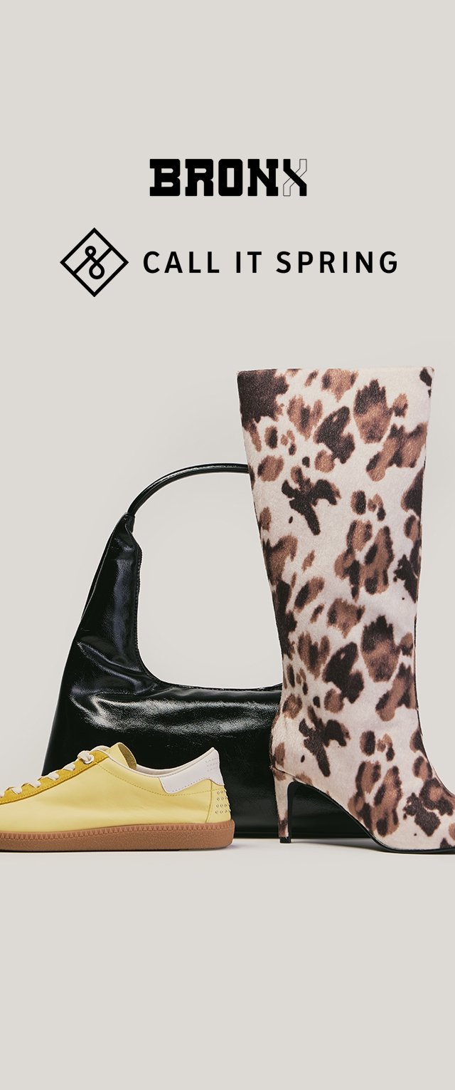 Gelber Sneaker, schwarze Lederhandtasche und hochhackiger Stiefel mit Leopardenmuster unter den Logos von Bronx und Call It Spring präsentiert.
