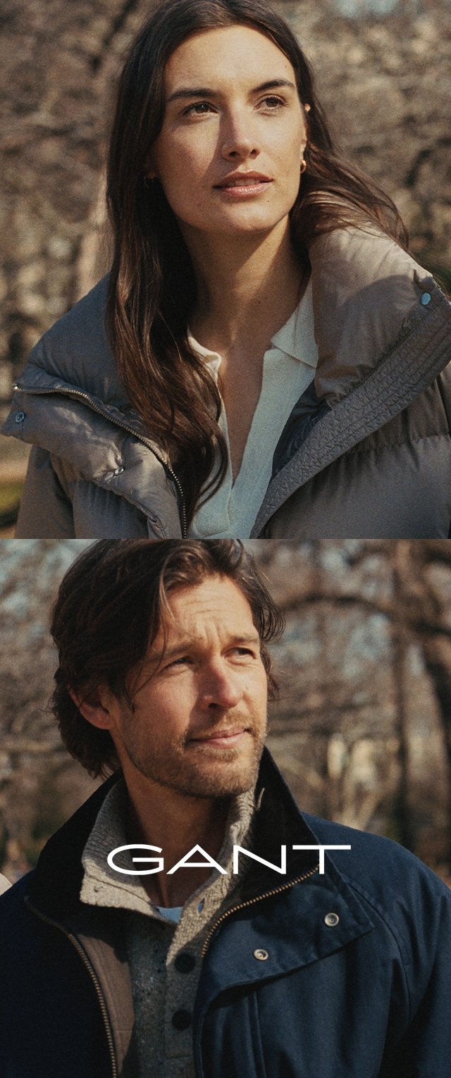 Grå vadderad jacka med hög krage, kombinerad med en ljus skjorta; marinblå jacka med en grå tröja under, med synliga sömmar.