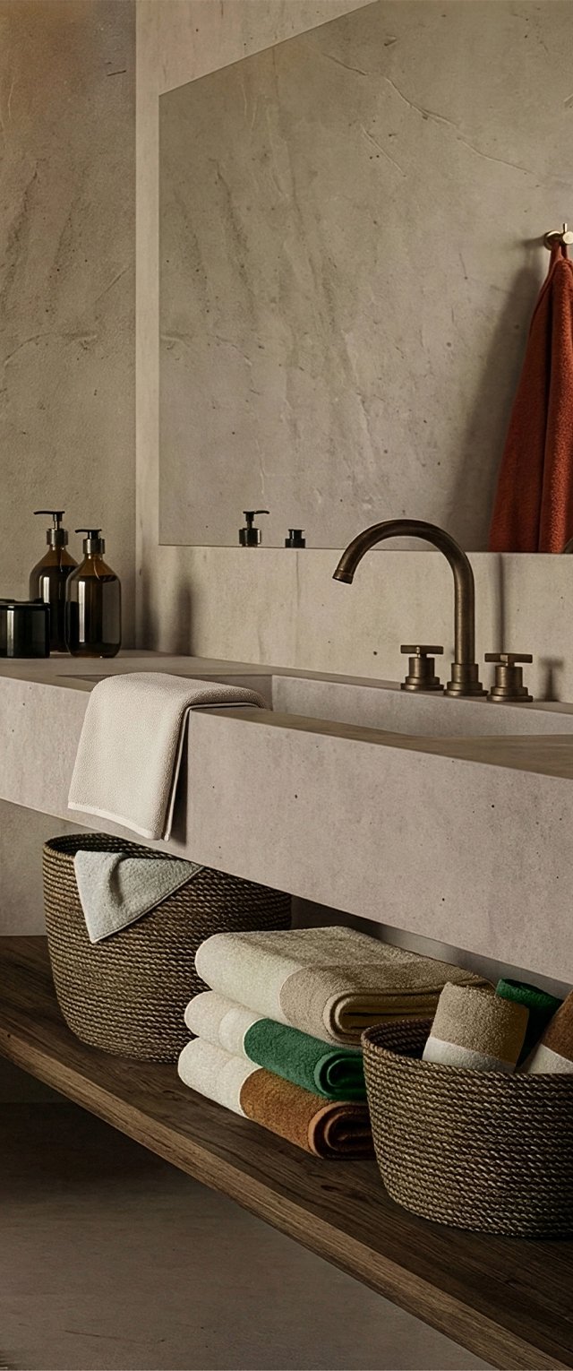 Moderná kúpeľňa s betónovým umývadlom, bronzovou batériou, pletenými košmi a uloženými uterákmi v zemitej farebnej palete na drevenej police.
