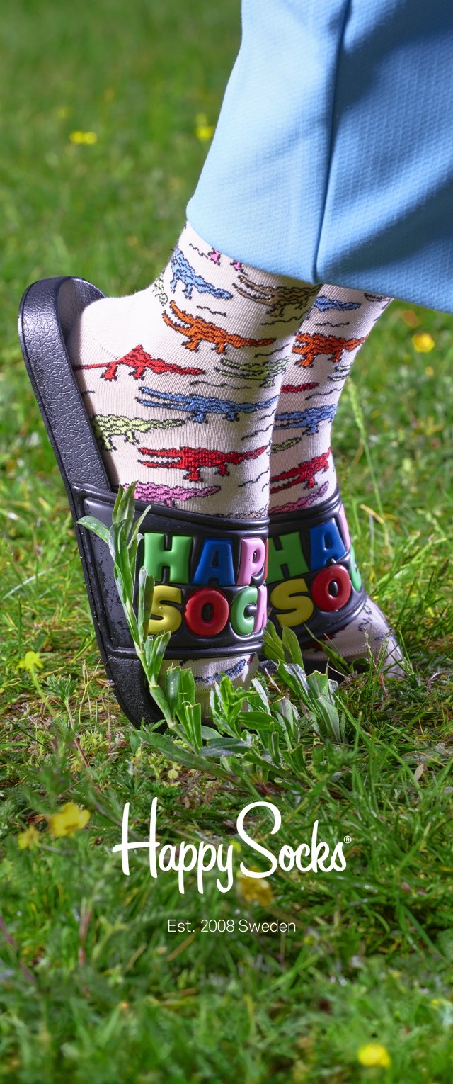 Infradito neri con lettering colorato "HAPPY SOCKS", abbinati a calze con motivi a fantasia raffiguranti dinosauri colorati, appoggiati sull'erba.