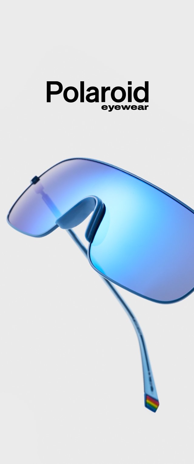 Polaroid-Sonnenbrillen besitzen einen schlanken blauen Rahmen und Gläser mit einem Verlaufseffekt, ein gewölbtes Design und einen mehrfarbigen Akzent am Bügel.