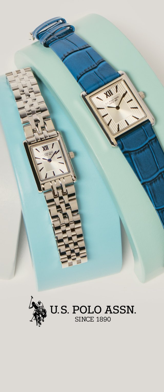 Dos relojes rectangulares de U.S. Polo Assn. uno al lado del otro, uno con correa de eslabones metálicos plateados y otro con correa de cuero azul.