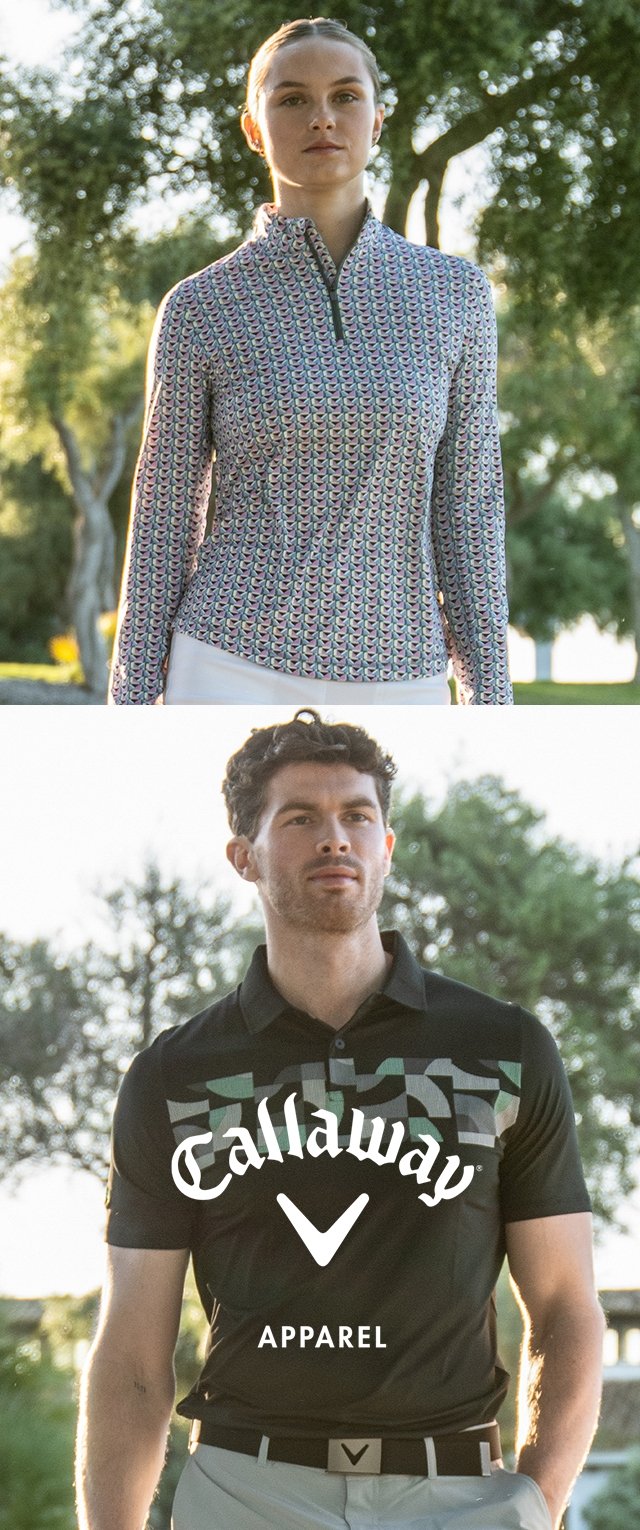 Donna con top a maniche lunghe con zip e motivo, uomo con polo nera a motivo, all'aperto con alberi sullo sfondo.