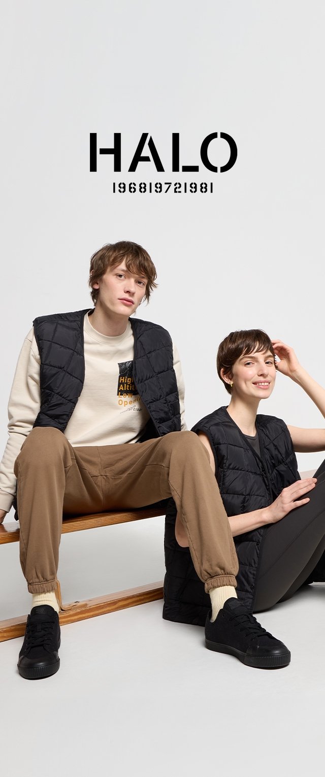 Chalecos acolchados negros llevados sobre suéteres de colores claros, combinados con pantalones beige y zapatillas negras. Fondo sencillo con el logo de la marca "HALO."