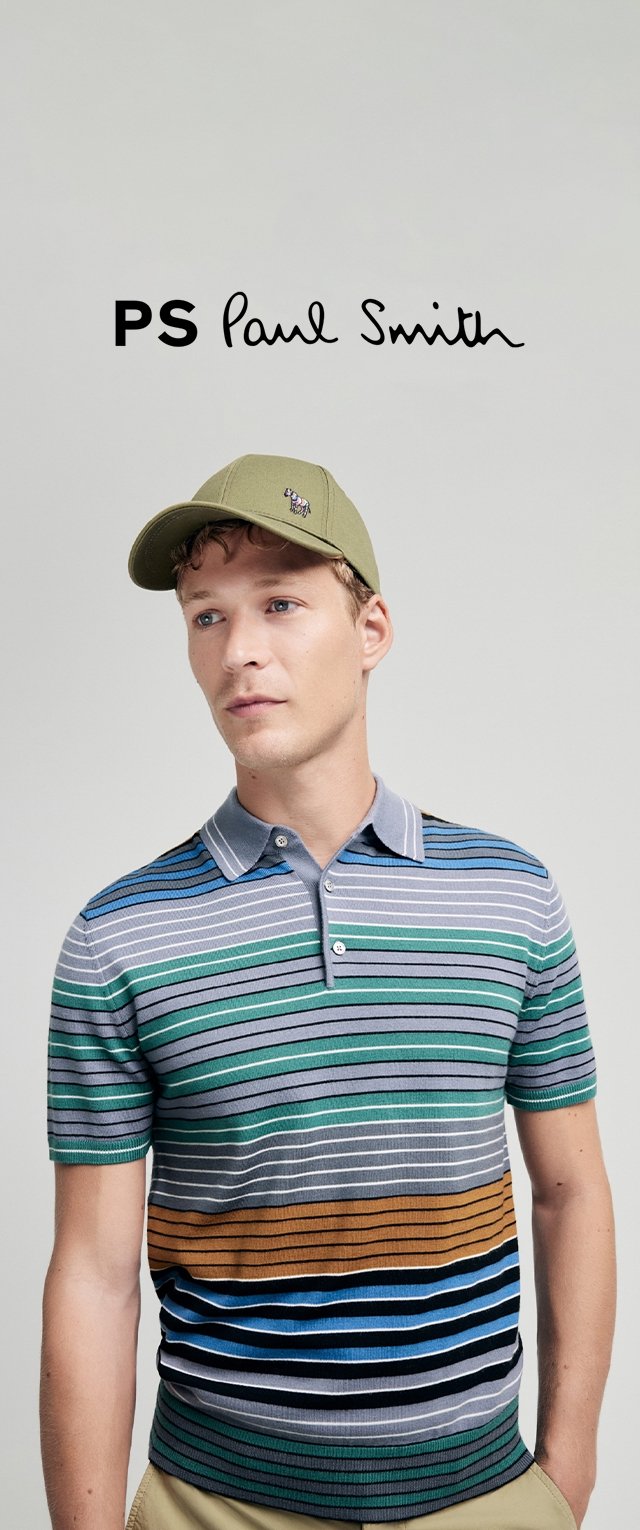 Striped polo shirt in gray, green, and brown, with short sleeves and a collar. Worn with a light olive green cap.