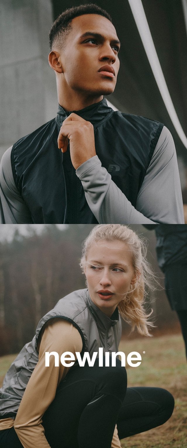 Zwei Modelle tragen Sportbekleidung: eine schwarze ärmellose Jacke über einem hellgrauen Langarmshirt; eine graue Weste über einem beigen Oberteil. Logo: "newline."