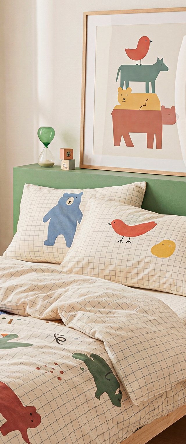 Cama con ropa de cama de patrón de cuadrícula en crema con estampados coloridos de animales, arte enmarcado de torre de animales encima y reloj de arena verde sobre cabecero verde.