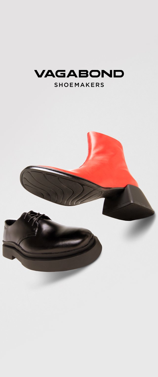 Zwarte leren veterschoen met een ronde neus en een stevige zool; rode enkelboot met een gladde afwerking en een gematigde blokhak.