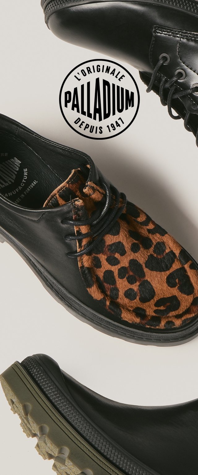 Schwarze Schnürschuhe mit einem Zehenbereich aus Leopardenfell, gummierter Sohle, strukturierten Akzenten und einem Logo mit "L'Originale Palladium."