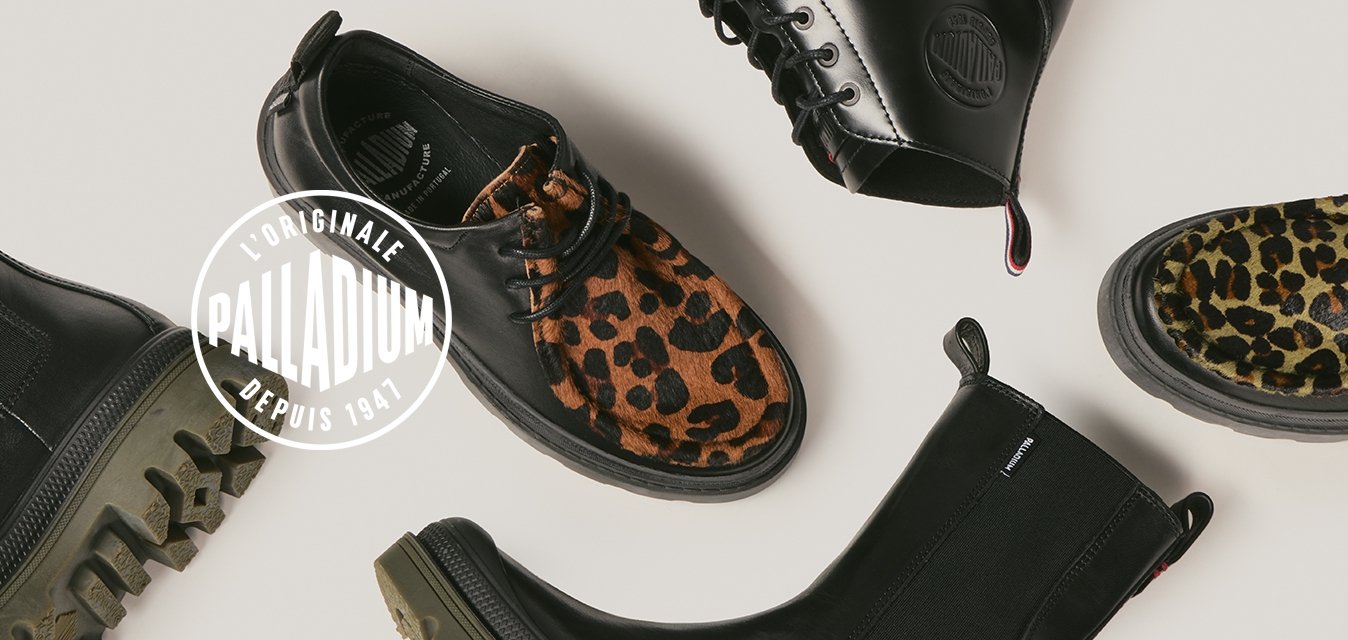 Černé kožené boty a boty, s leopardím potiskem, robustními podrážkami a kontrastními texturami. Různé styly uspořádané shora.