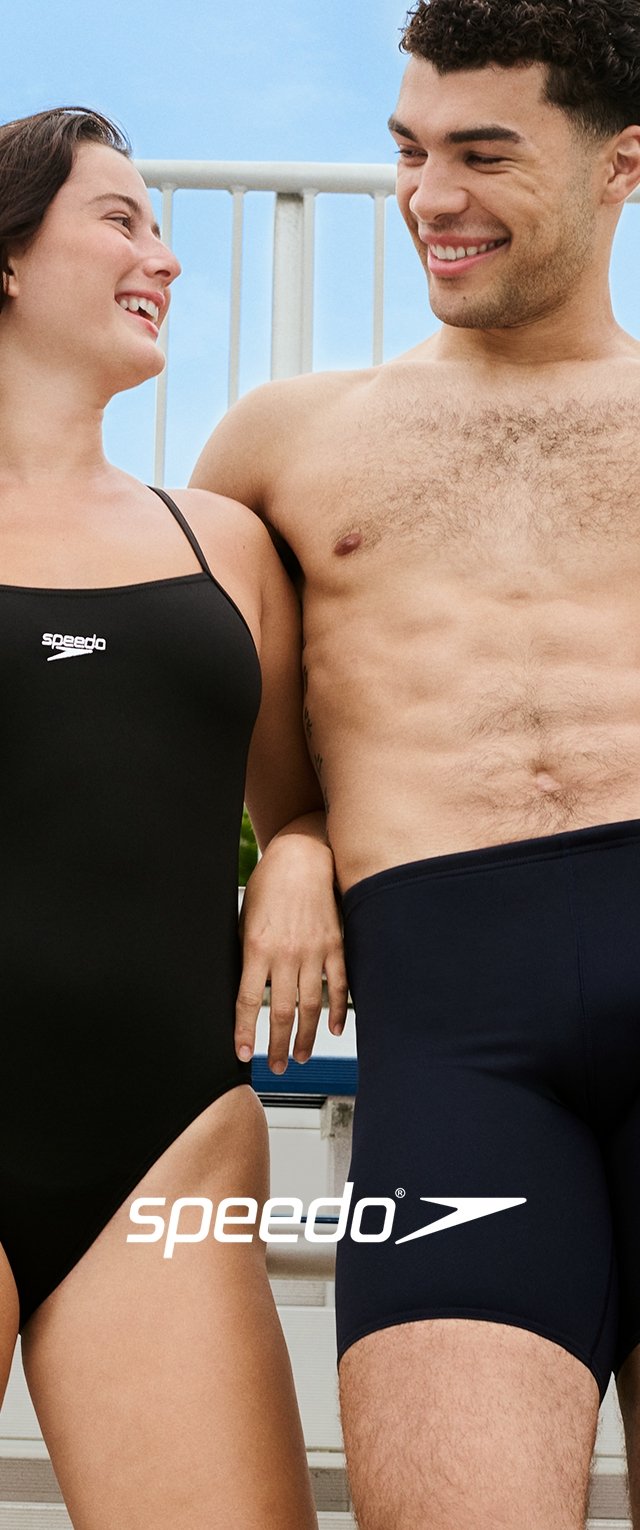 Black one-piece swimsuit and navy swim shorts, both from Speedo, displayed against a light background with a focus on swimming attire.