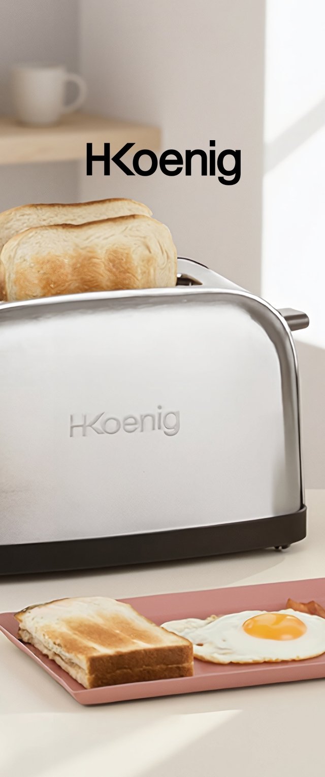 Edelstahl-Toaster von HKoenig mit zwei Scheiben getoastetem Brot, einem rosa Teller mit getoastetem Brot, einem Spiegelei und Speck auf einer Küchenarbeitsplatte.