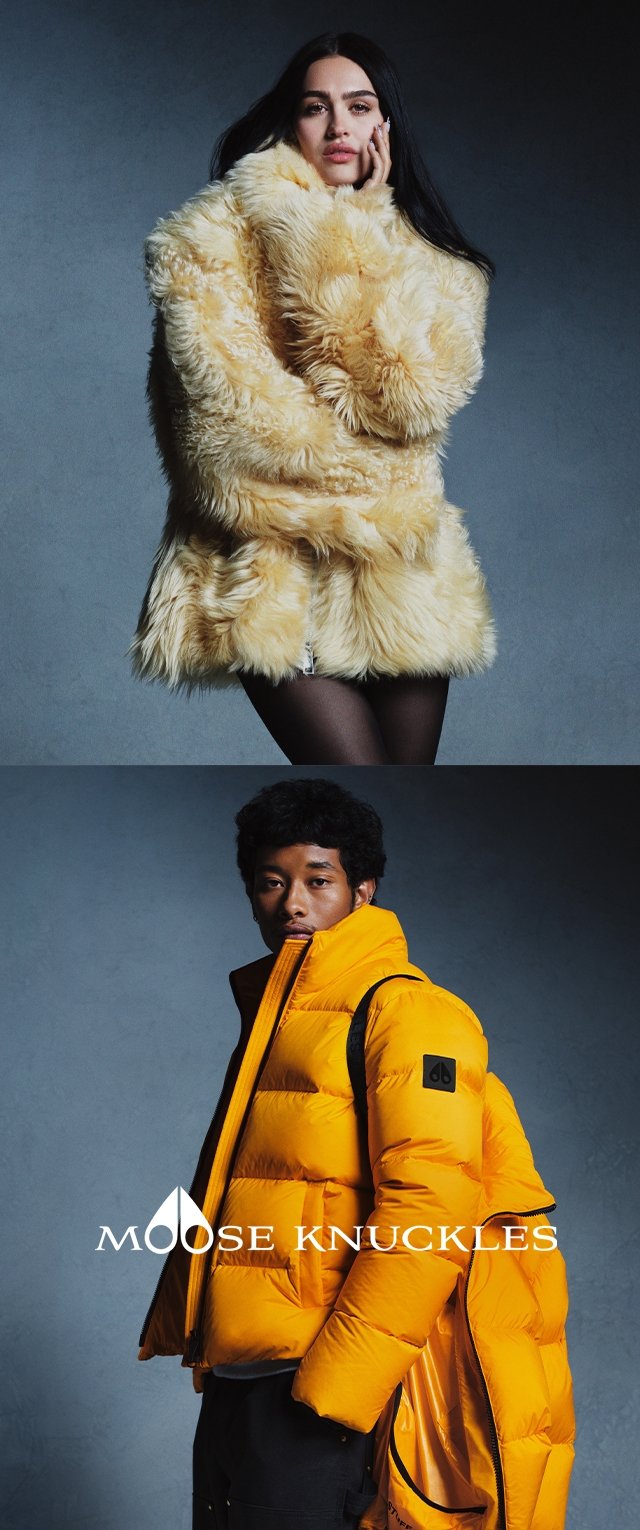 Faux-Fur-Jacke in blassem Gelb mit flauschiger Textur; Steppjacke in leuchtendem Gelb mit gestepptem Design und Logopatch auf der Brust.