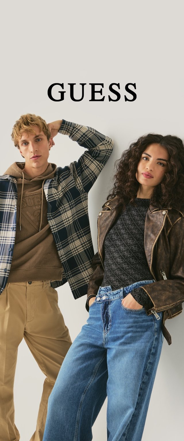Plaid shirt in blue and white, tan hoodie, brown leather jacket, patterned top, and blue wide-leg jeans on two models against a neutral background.