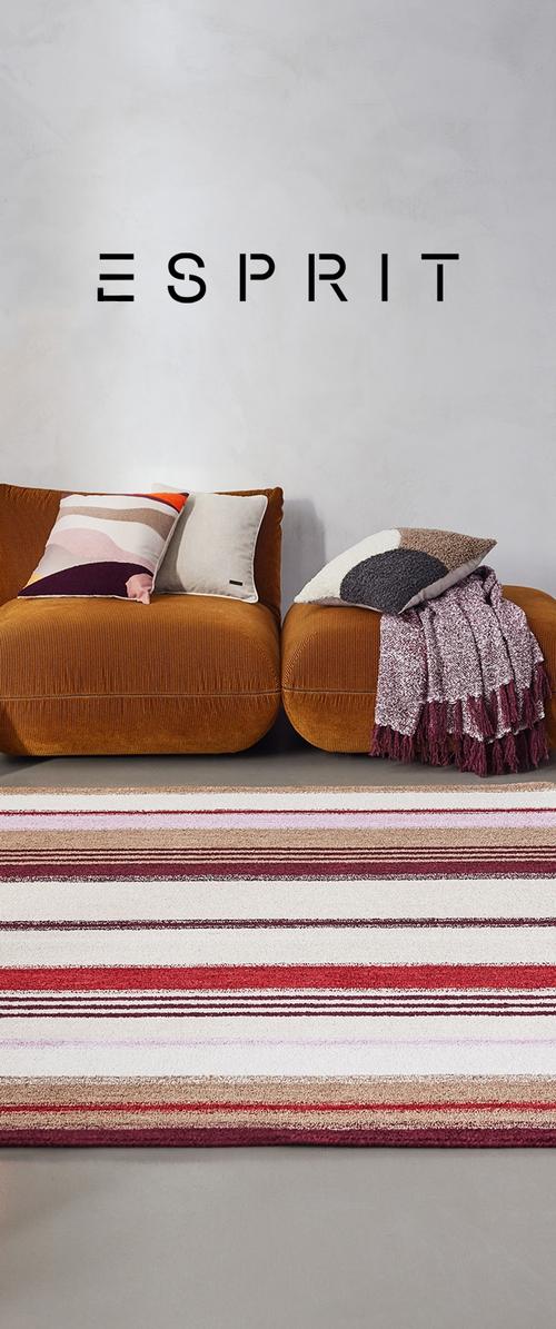 Gestreifte Teppich mit roten, rosa und beige Tönen. Weiche Textur, auf einer glatten Oberfläche ausgelegt. Gemütliche braune Cordsofas mit Dekorkissen.