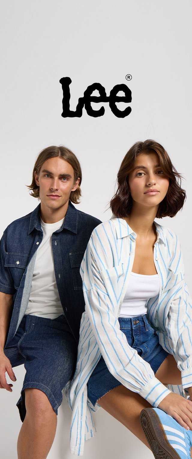 Denim shirt and shorts; striped button-up shirt in white and light blue. Casual footwear, solid color top, and relaxed poses. 
