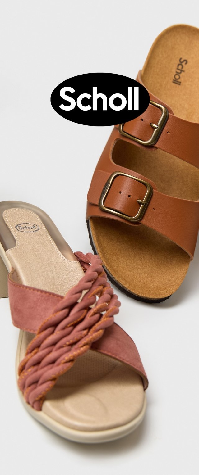 Sandale en cuir marron avec deux boucles et semelle tan à côté d'une sandale à lanière tressée rose avec un talon bloc, toutes deux de la marque Scholl.