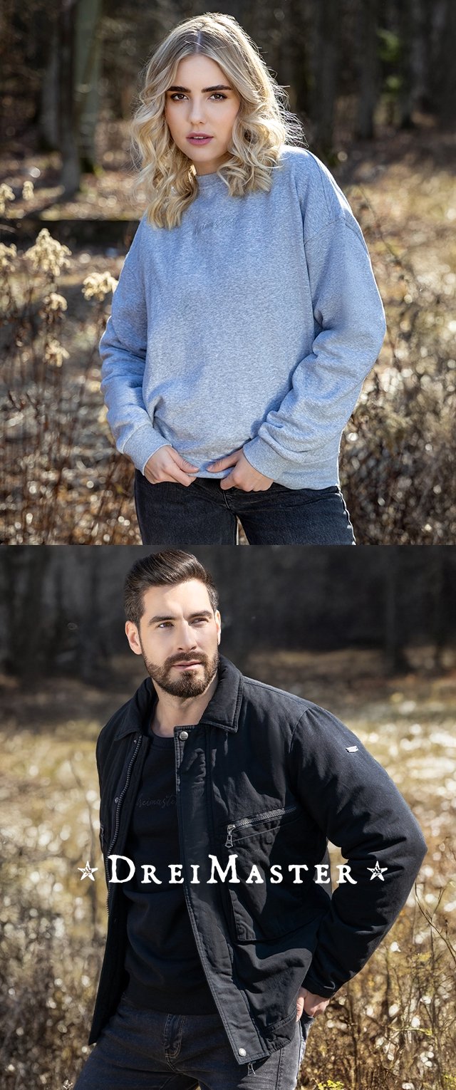 Sudadera gris claro con puños y dobladillo acanalados, combinada con jeans negros. Chaqueta negra con cremallera y detalles de bolsillo llevada sobre una camiseta negra.