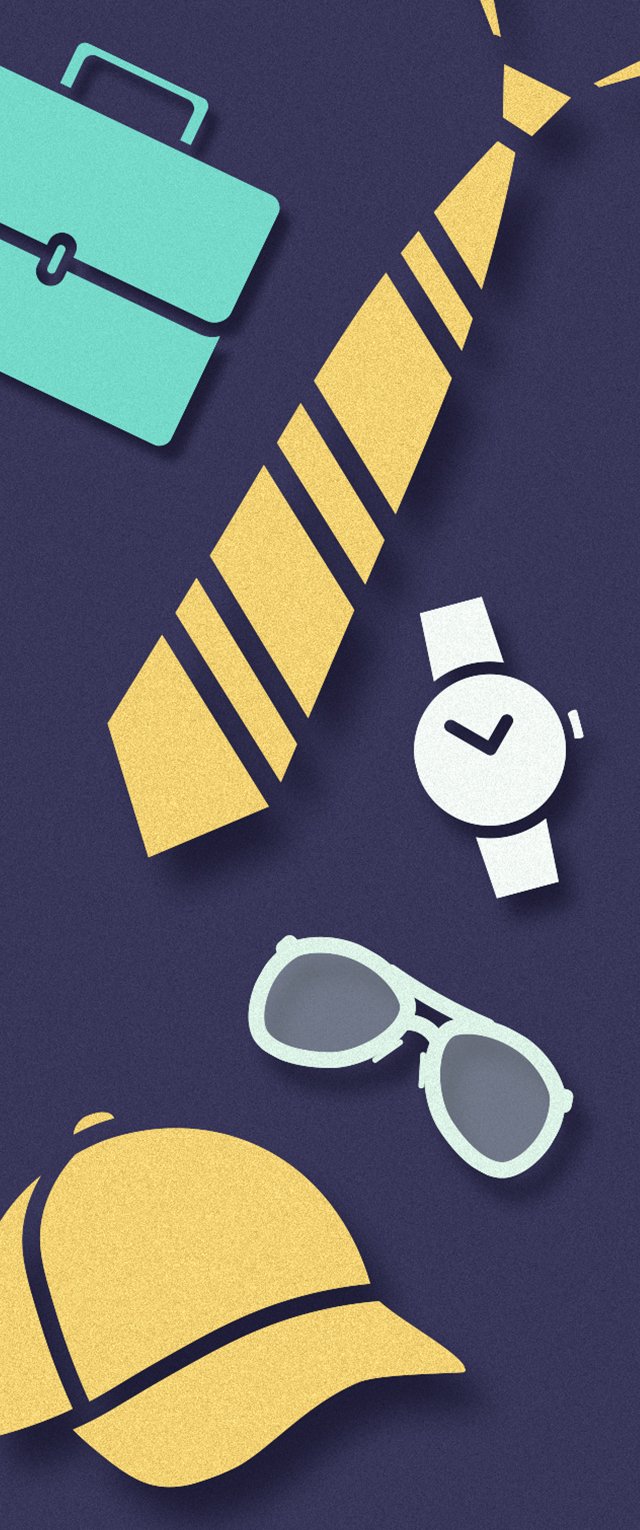 Corbata amarilla a rayas, maletín turquesa, reloj blanco, gorra amarilla y gafas de sol grises dispuestos sobre un fondo púrpura oscuro.