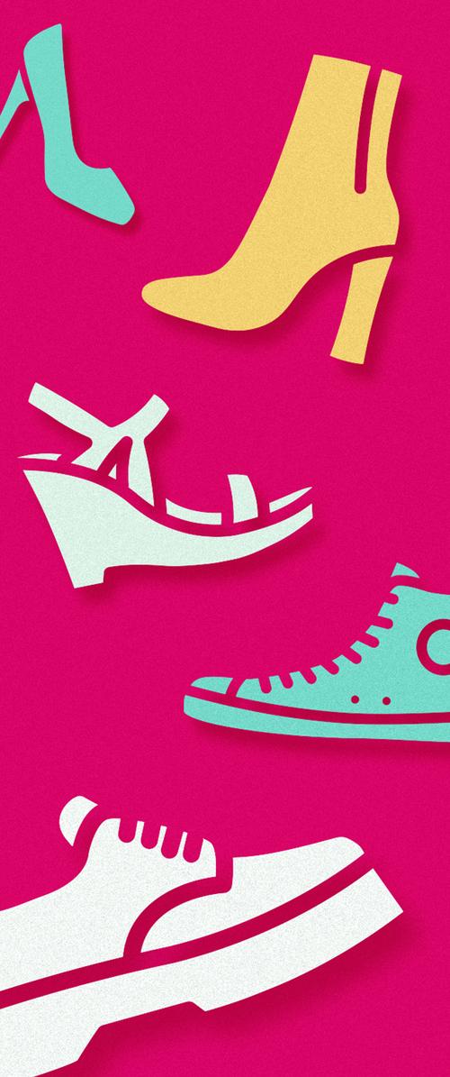 Colección de zapatos: un tacón alto en color azul verdoso, una bota corta amarilla, una cuña blanca, un deportivo turquesa y un deportivo blanco con suela lisa sobre un fondo rosa.