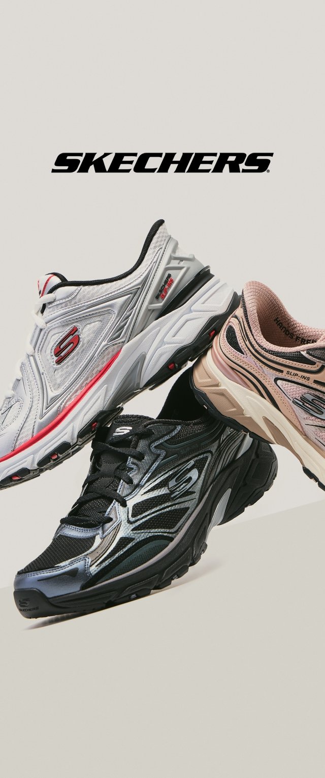 Trzy pary butów Skechers: białe z czerwonymi akcentami, czarne z srebrnymi detalami oraz różowe w brązowe paski, prezentujące różnorodne wzory i materiały.