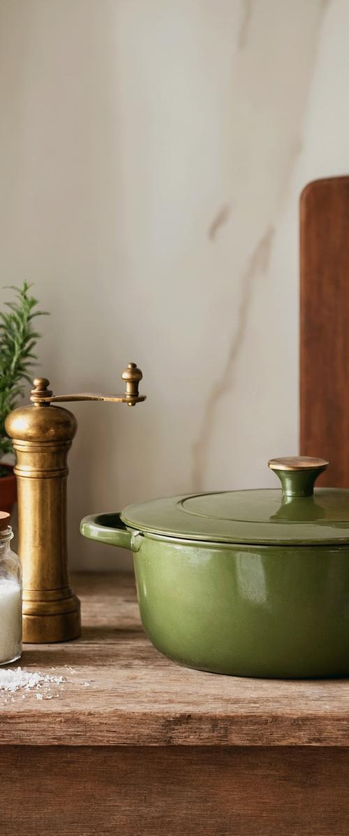 Oală verde din fontă cu capac pe o suprafață de lemn, lângă râșniță de piper din alamă, borcan pentru sare și o plantă mică verde în decor de bucătărie.