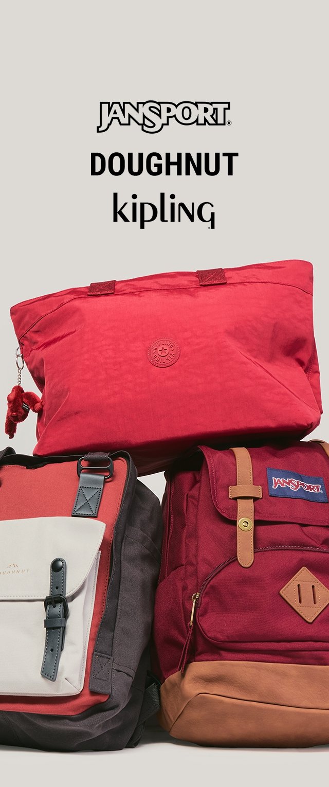 Three red and brown backpacks stacked; brands Jansport, Doughnut, and Kipling logos above them on a gray background.