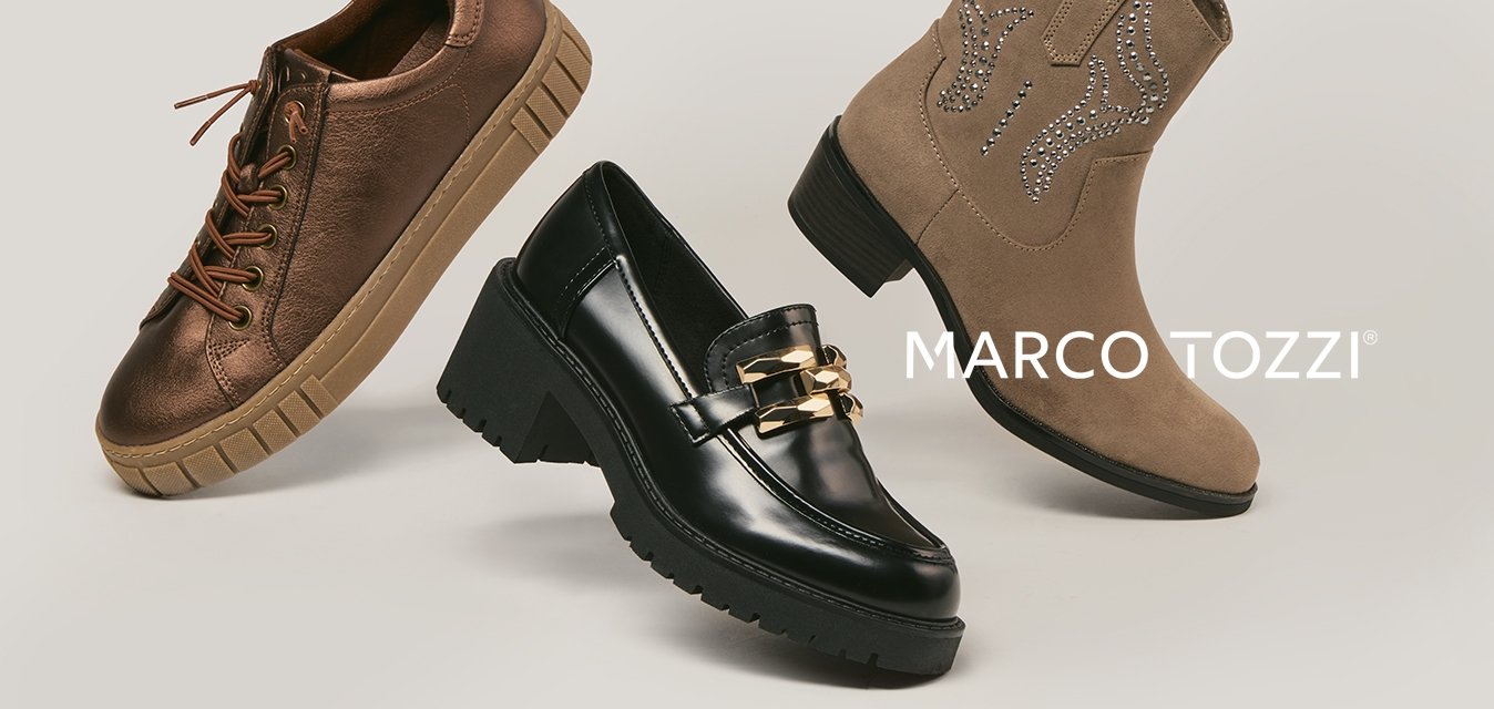 Tři dámské boty: bronzová teniska na šněrování, černá mokasína s masivním podpatkem a zlatým řetízkem, a béžová semišová kotníková bota s dekorativním prošitím.