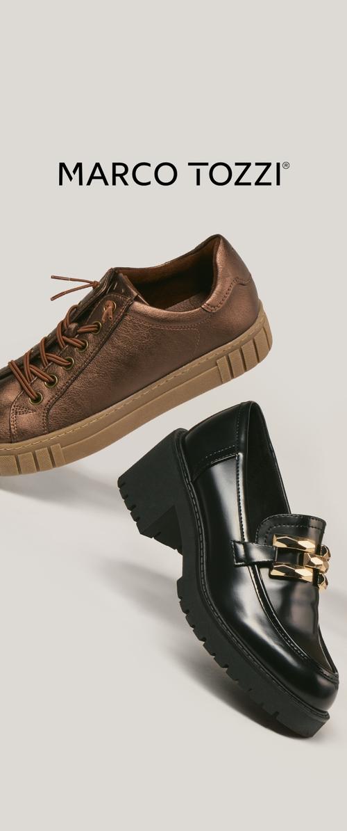 Brauner metallicfarbener Schnürschuh mit strukturierter Oberfläche und klobiger Sohle, kombiniert mit einem schwarzen Lackleder-Loafer mit goldener Schnallenverzierung.