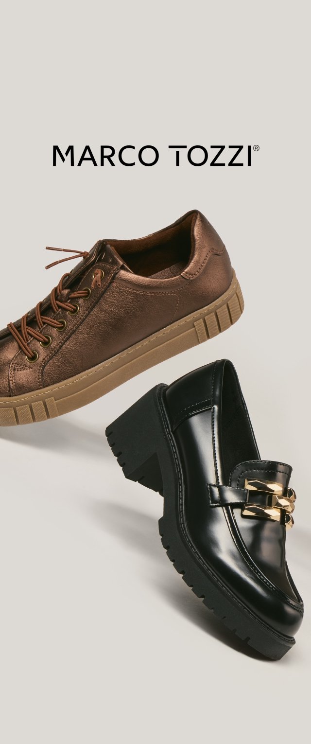 Zapatilla marrón metálica con cordones, superficie texturizada y suela gruesa, combinada con un mocasín de cuero negro patentado con un adorno de hebilla dorada.