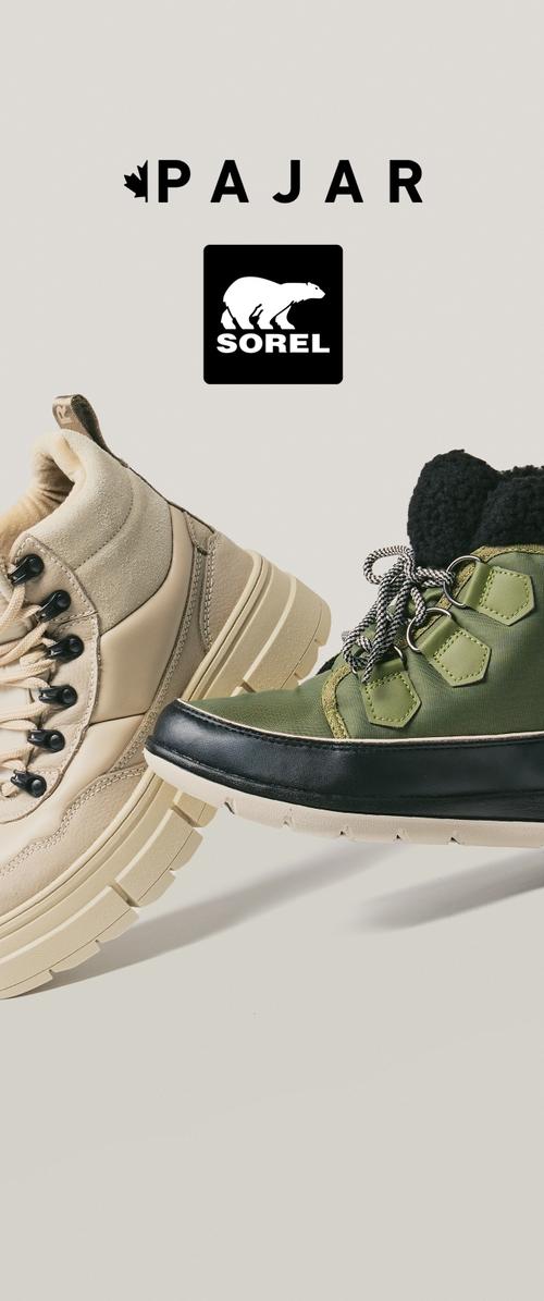 Beige Wildleder- und Gummisneaker mit abgerundeter Sohle; grüner Nylon- und schwarzer Lederstiefel mit hexagonalen Akzenten und strukturiertem Schaft.