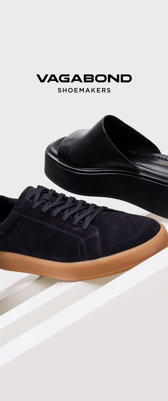 Scarpe Vagabond: sabot in pelle nera liscia con suola platform e sneaker in camoscio blu scuro con suola in gomma color cuoio e design con lacci.