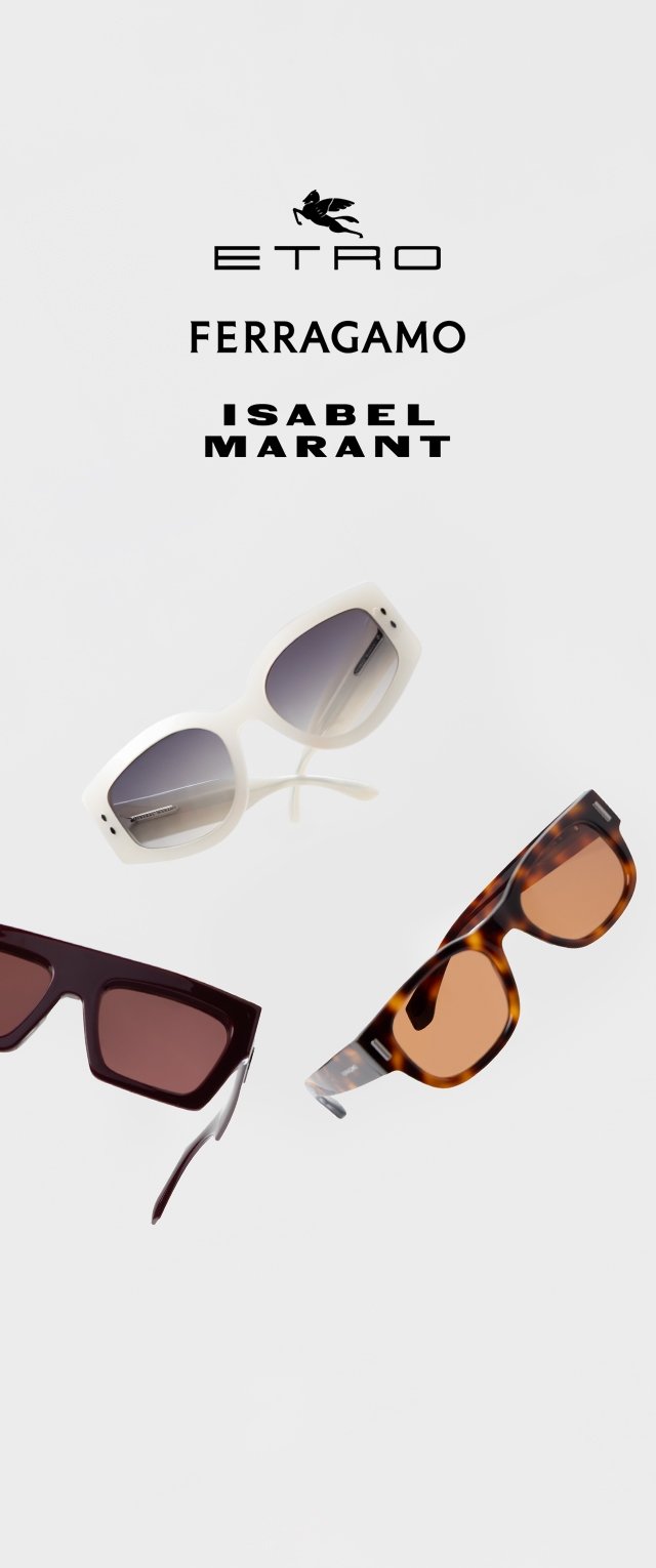 Tre paia di occhiali da sole: occhiali cat-eye bianchi con lenti sfumate, occhiali quadrati di un bordeaux scuro e occhiali rettangolari tartarugati con lenti marroni.