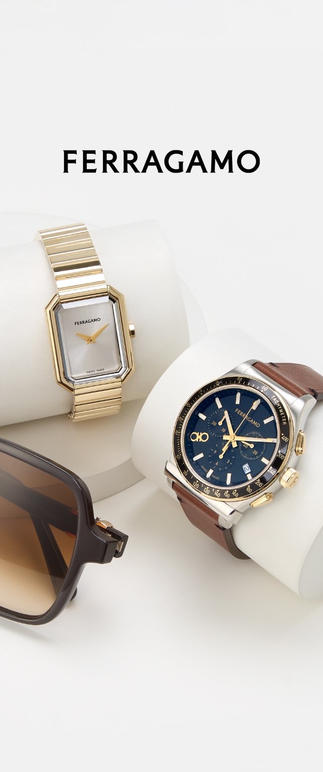Twee Ferragamo-horloges: de ene met een gouden hexagonale kast en een witte wijzerplaat, de andere met een donkerblauwe wijzerplaat, zilveren accenten en een bruin leren band. Zonnebril met donkerbruine frames en een gradient lens.