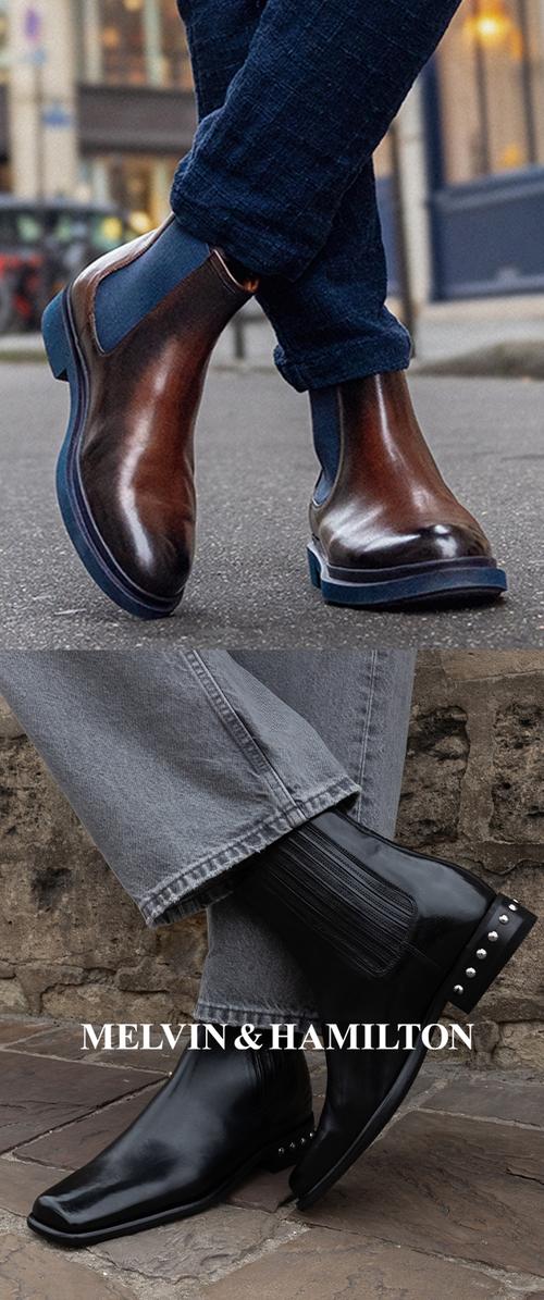 Botas Chelsea de cuero marrón con paneles laterales elásticos, punta redondeada y acabado liso. Botines de cuero negro con tachuelas decorativas y suela plana.