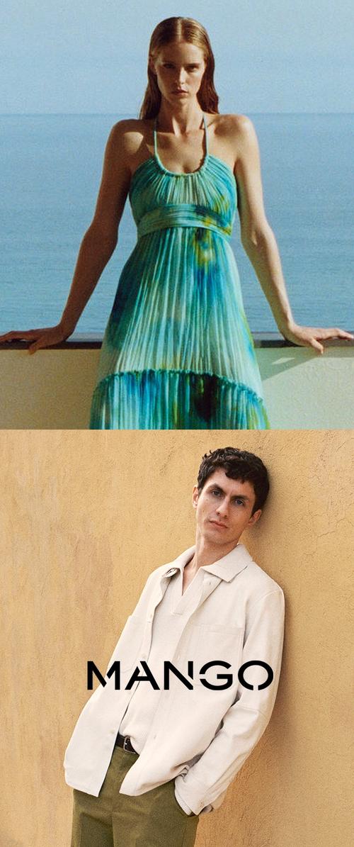 Two fashion images: a woman in a pleated green and blue maxi dress, and a man in a light beige shirt over a white top, against textured backgrounds.