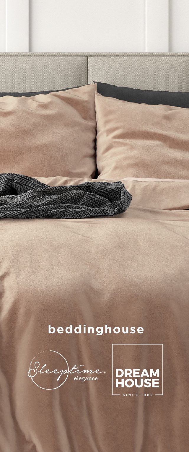 Beige bed with two pillows and a dark gray knitted cloth draped on top, branded with beddinghouse, sleeptime elegance, and dream house logos.