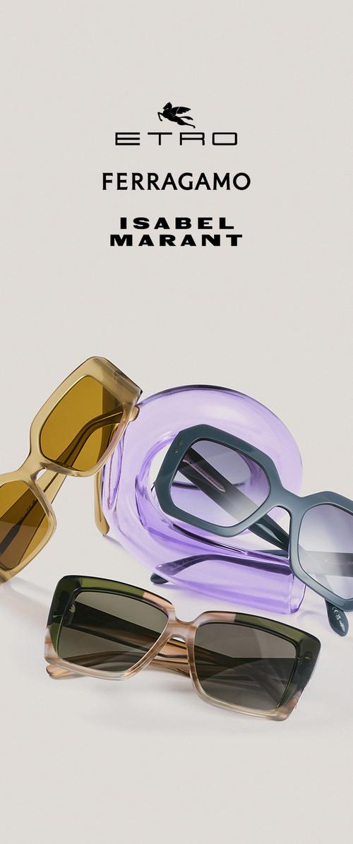 Tre paia di occhiali da sole di design in tonalità di giallo, blu e verde esposti con i nomi dei marchi Etro, Ferragamo e Isabel Marant sopra.