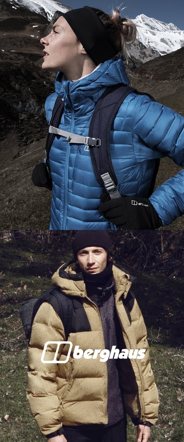 Twee buitenjassen: een blauwe, gewatteerde, met dons gevulde jas met zwarte handschoenen, en een bruine, puffy jas gecombineerd met een donkere shirt. Merken zichtbaar.