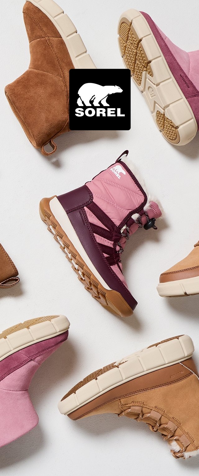 Variété de bottes Sorel : styles imperméables rose et bordeaux, textures en daim marron, semelles en caoutchouc, avec des accents en lacet et élastique.