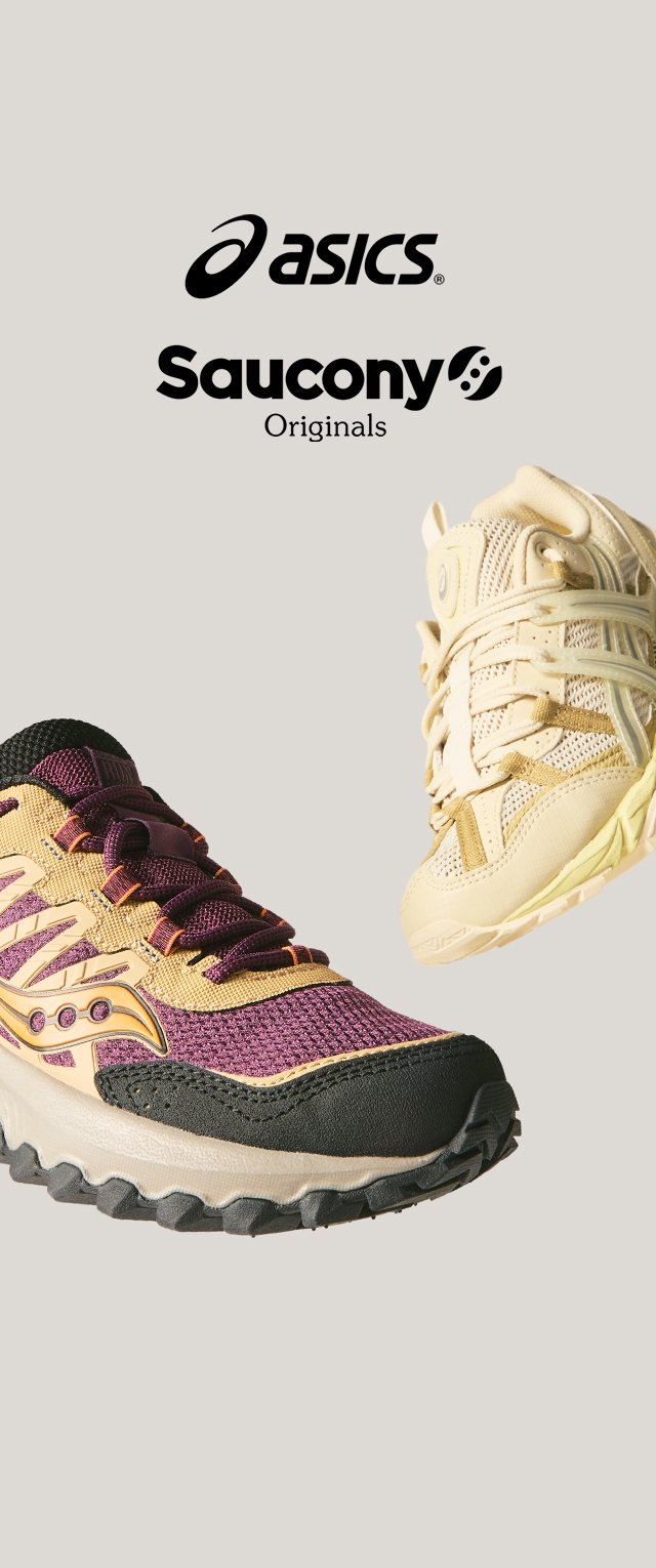 Tenisky Asics Saucony s čiernym a fialovým zvrškom s textúrovaným dizajnom, žltými akcentmi a robustnou podrážkou pre lepšiu trakciu.