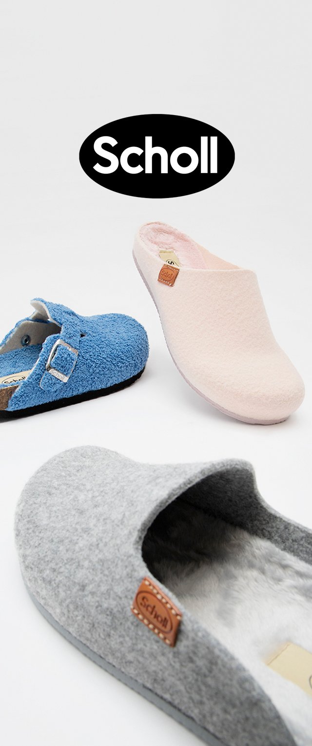 Pantofole Scholl in tre colori: tessuto blu testurizzato con fibbia, feltro rosa liscio e feltro grigio morbido con etichetta logo.