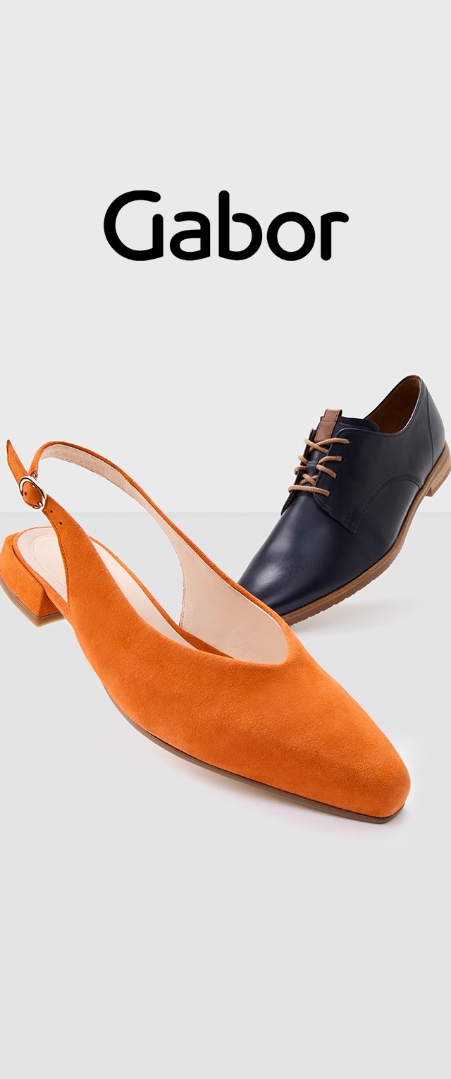 Gabor Schuhe: links ist ein orangefarbenes Wildleder-Slingback mit spitzem Zehenbereich; rechts ist ein marineblaues Leder-Schnürmodell mit abgerundetem Zehenbereich und braunen Akzenten.